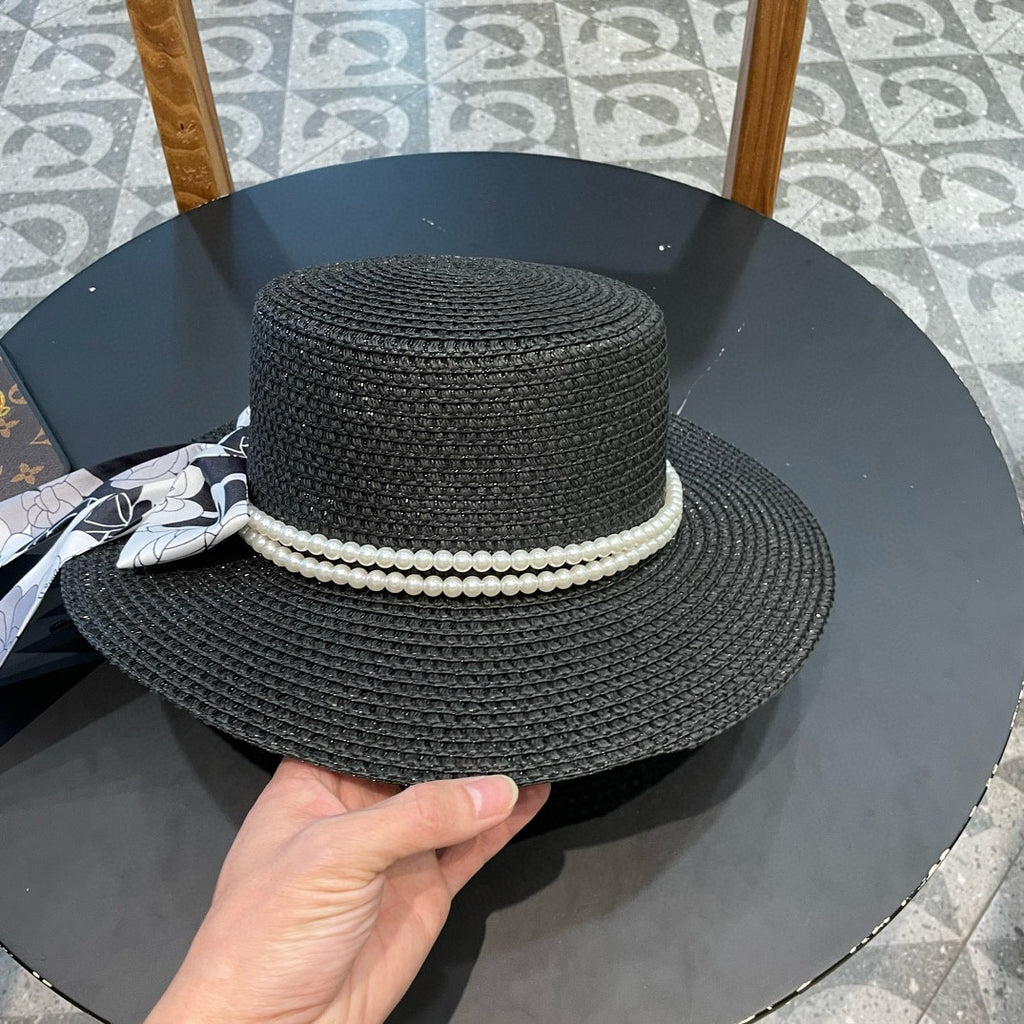 Woven Straw Hat with Pearl Band and Silk Bow Detail