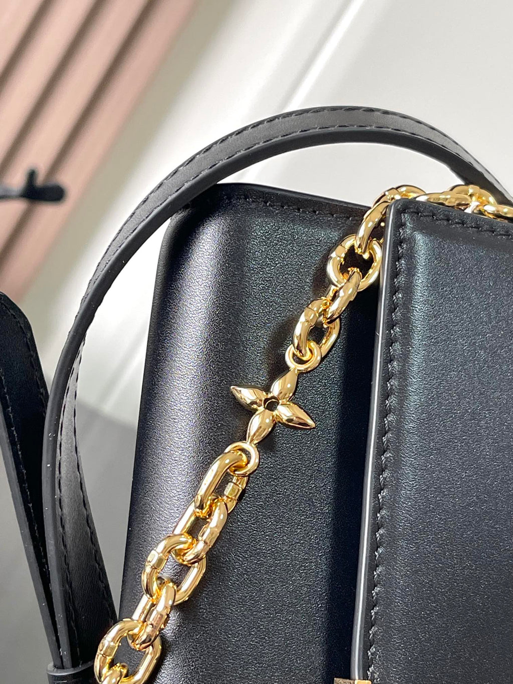 Capucines Wallet On Chain in Black Leather with Gold Chain