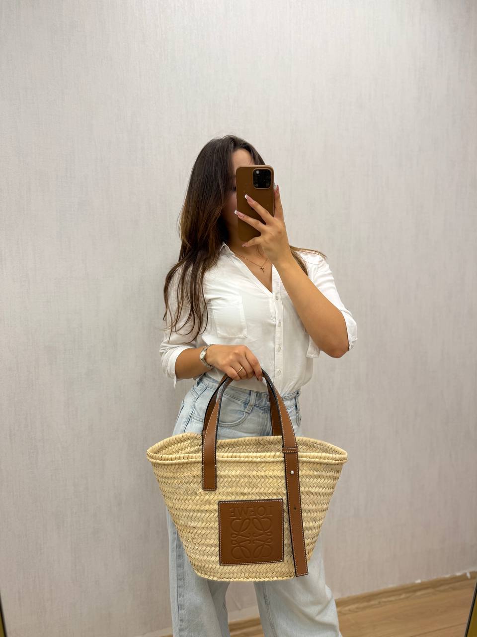 Basket Bag in Palm Leaf and Calfskin
