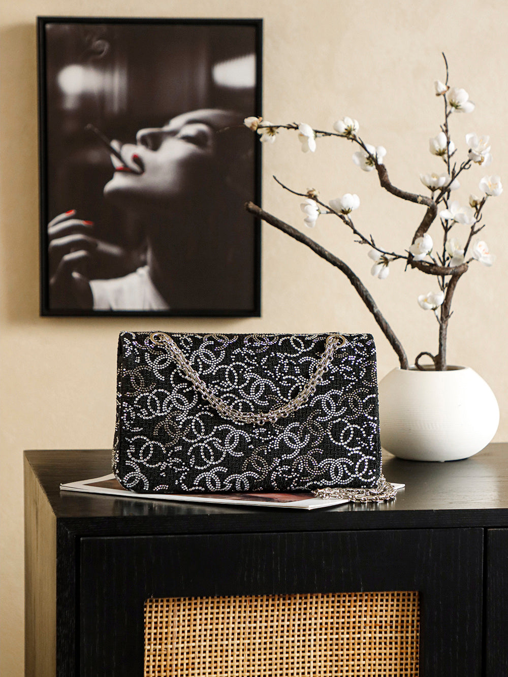 Crystal-Embellished Classic Flap Chain Shoulder Bag