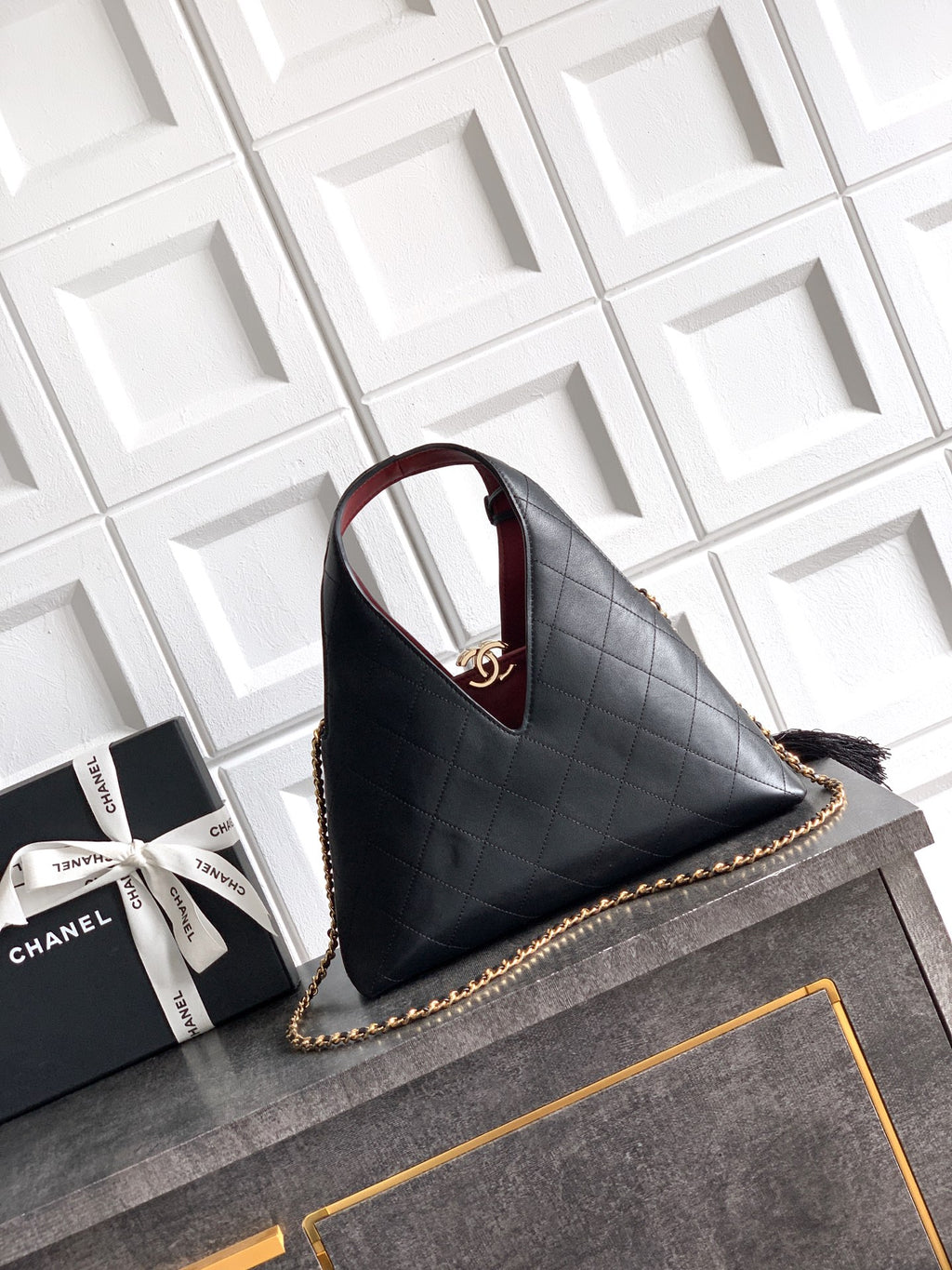 Quilted Leather Triangle Top Handle Bag