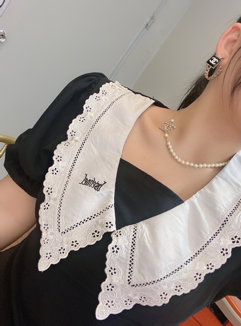 Black Enamel Logo Chain Hoop Earrings