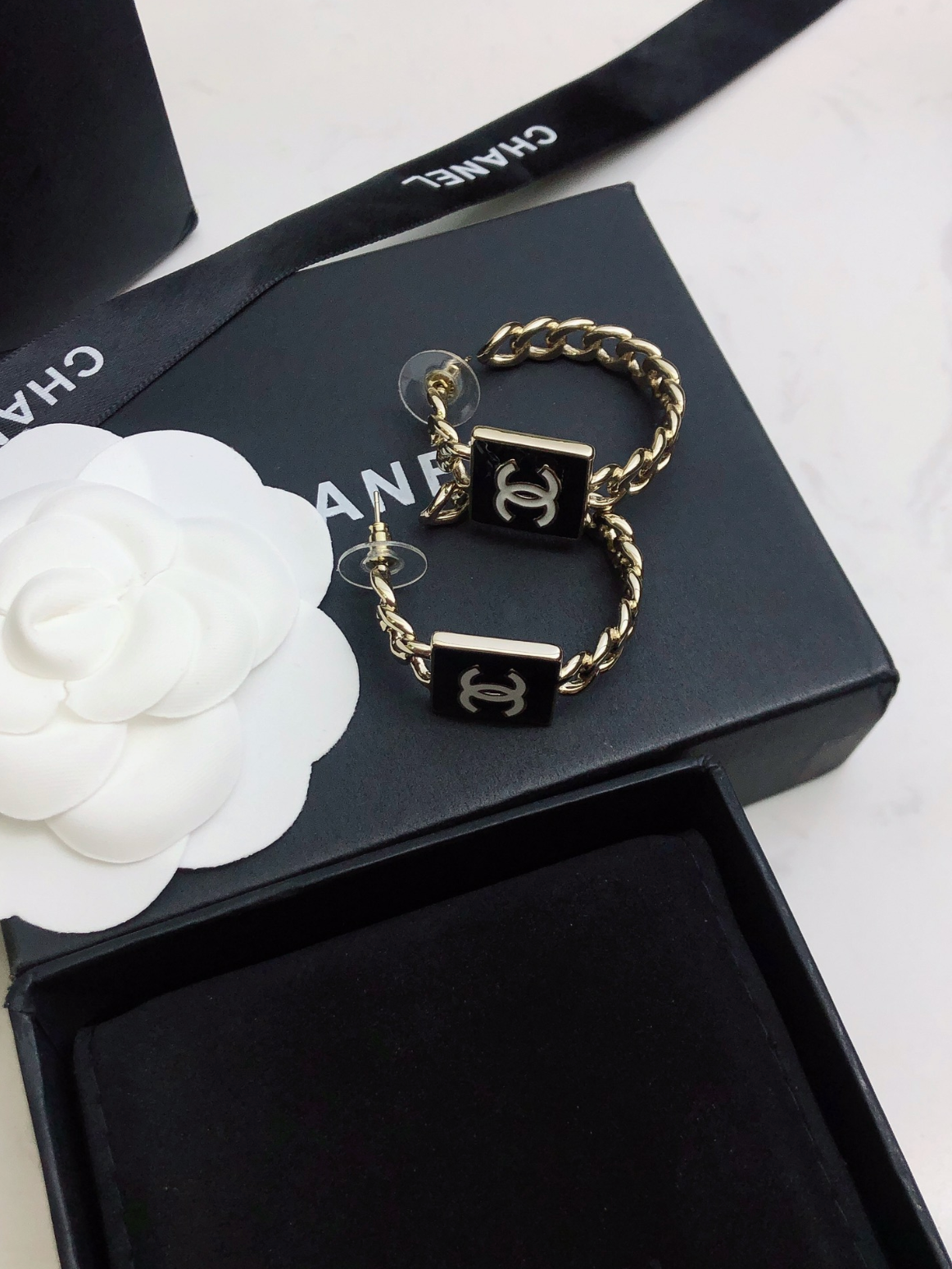 Black Enamel Logo Chain Hoop Earrings