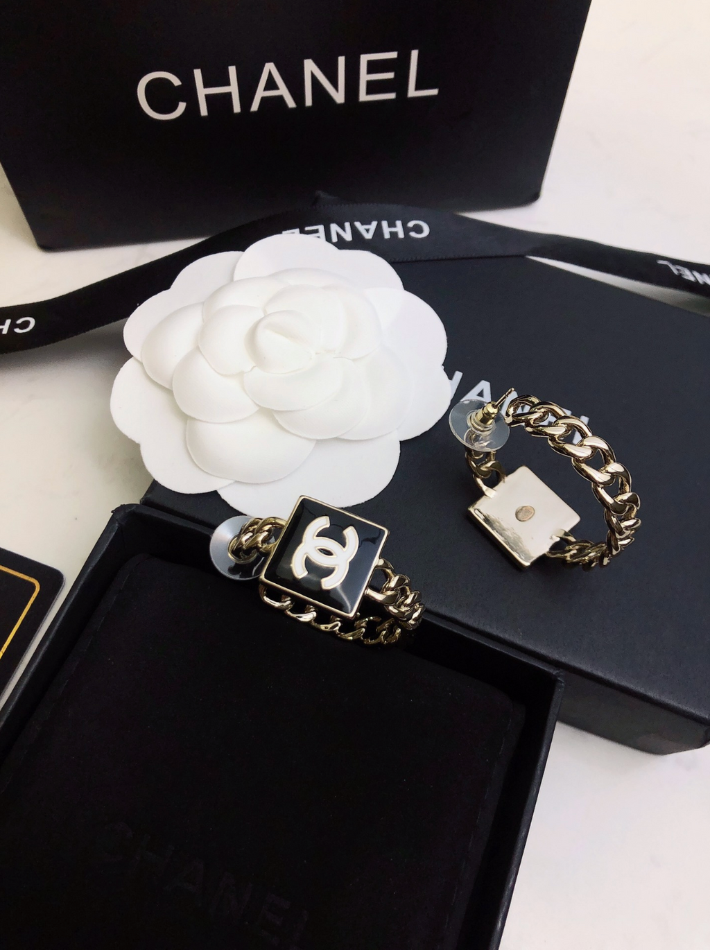 Black Enamel Logo Chain Hoop Earrings