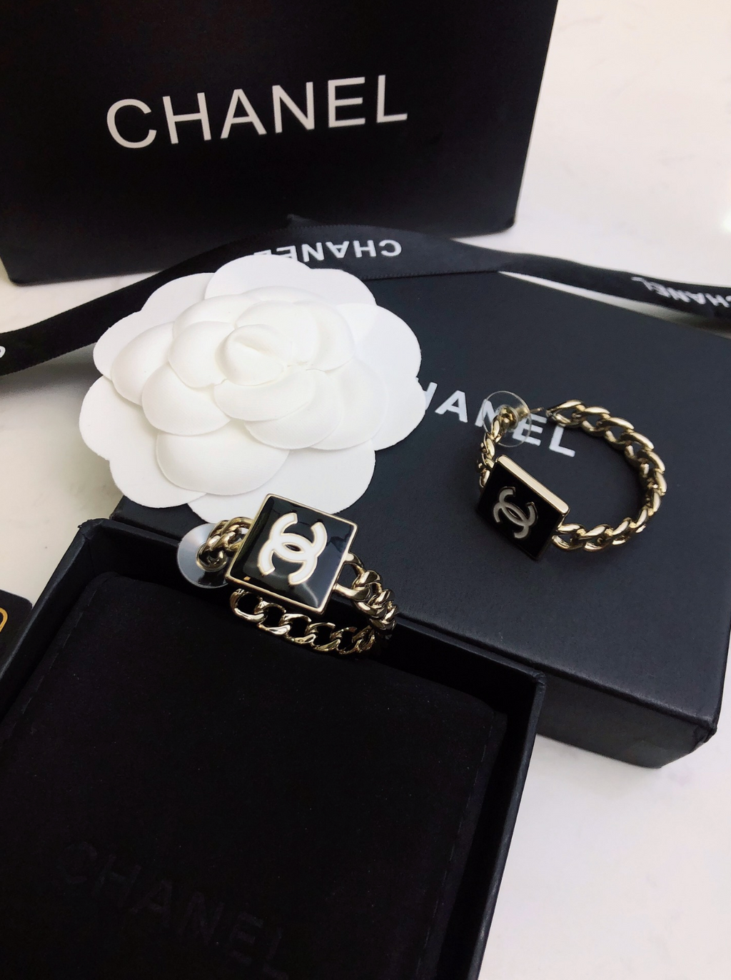 Black Enamel Logo Chain Hoop Earrings