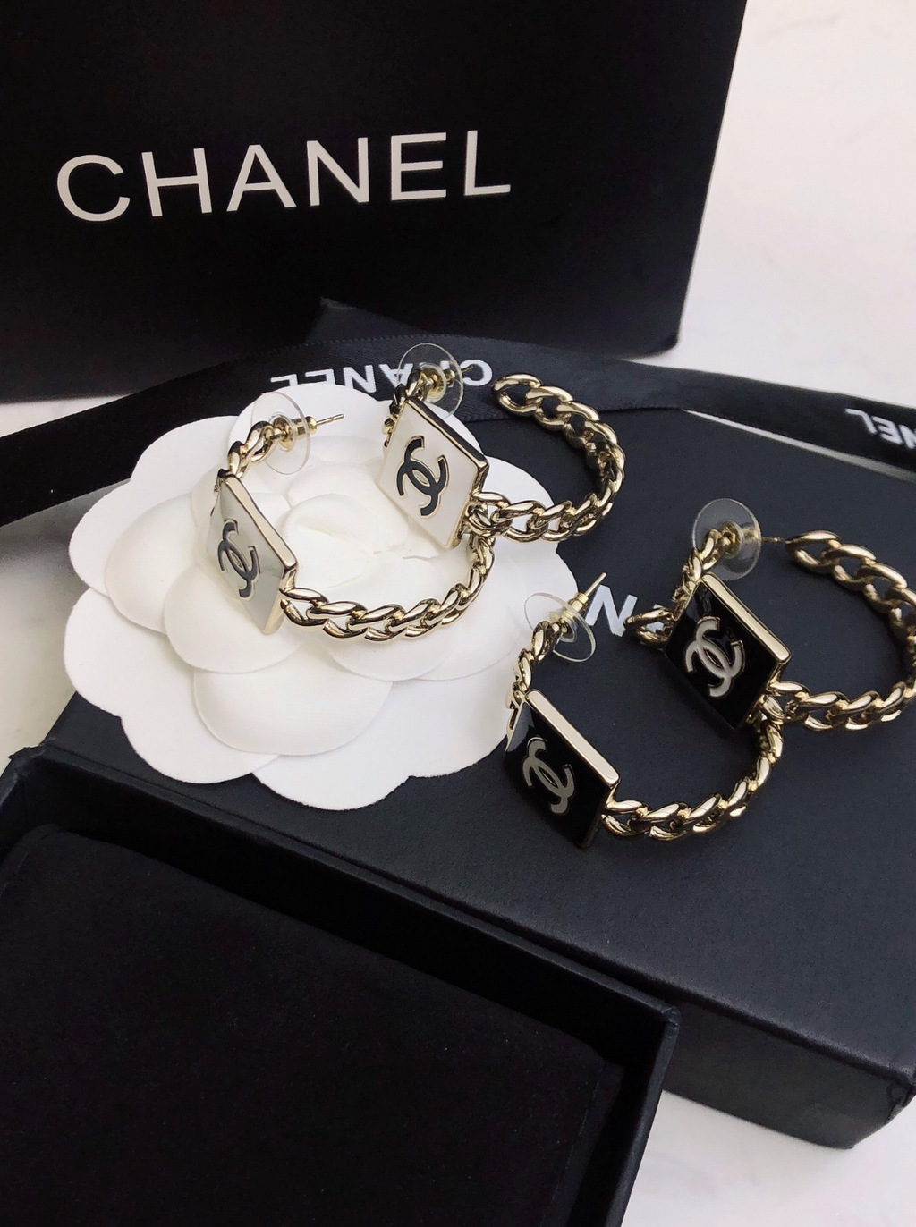 Black Enamel Logo Chain Hoop Earrings