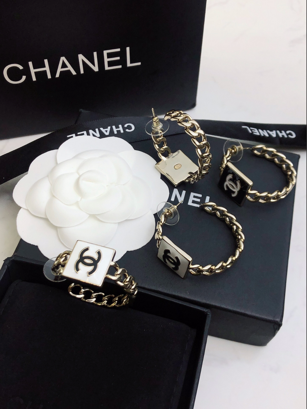 Black Enamel Logo Chain Hoop Earrings