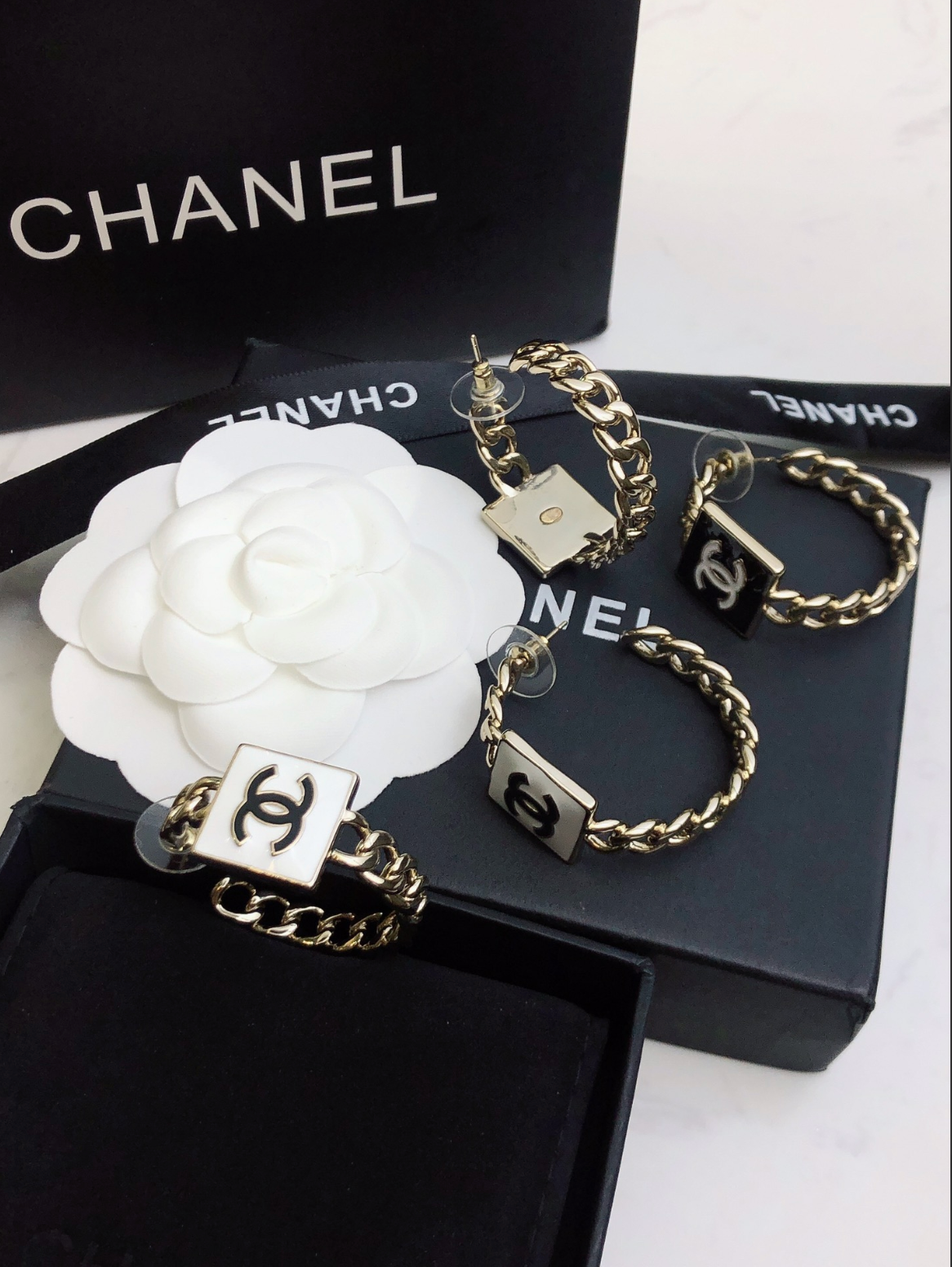 Black Enamel Logo Chain Hoop Earrings