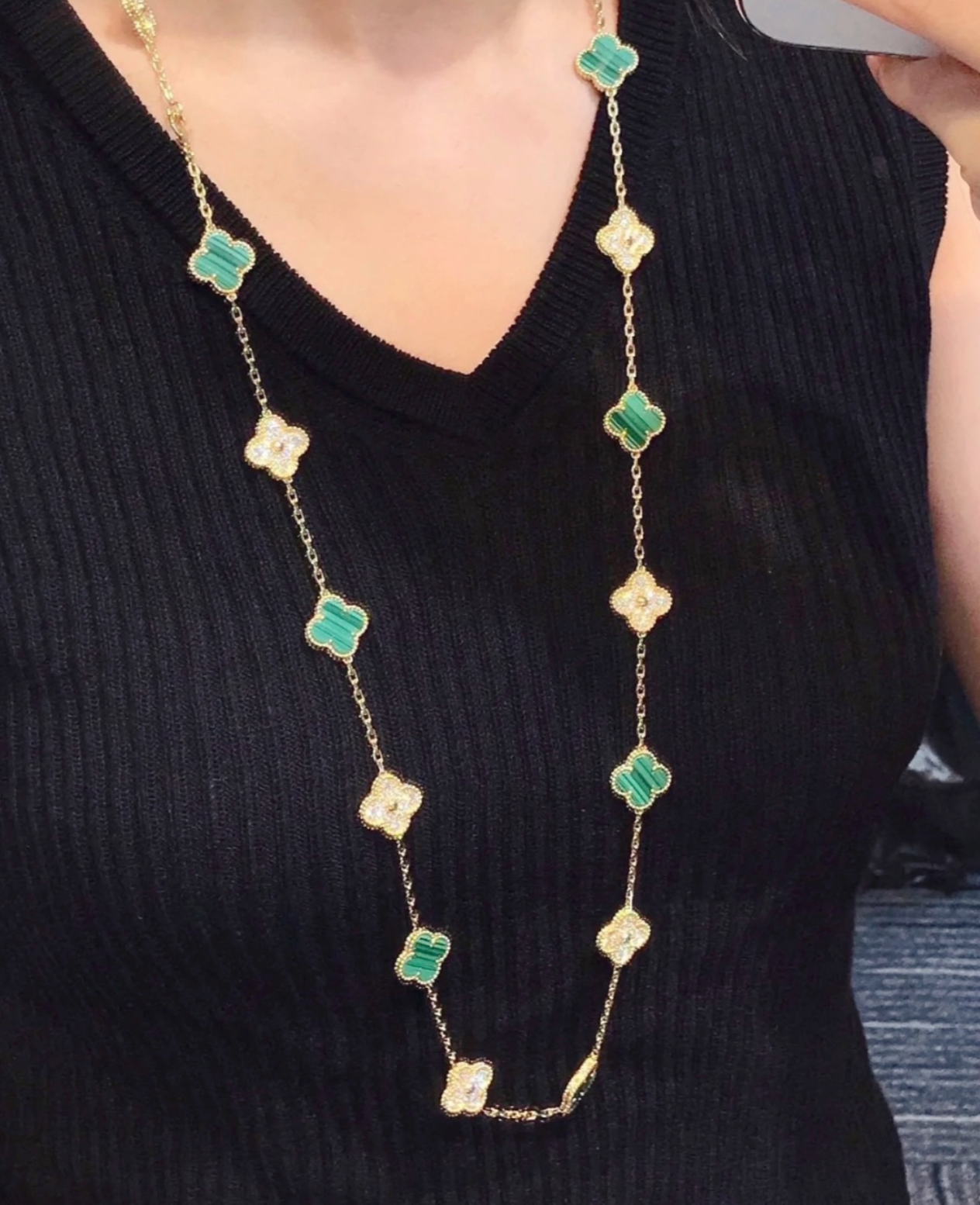 Long Clover Necklace – Malachite & Diamond Look