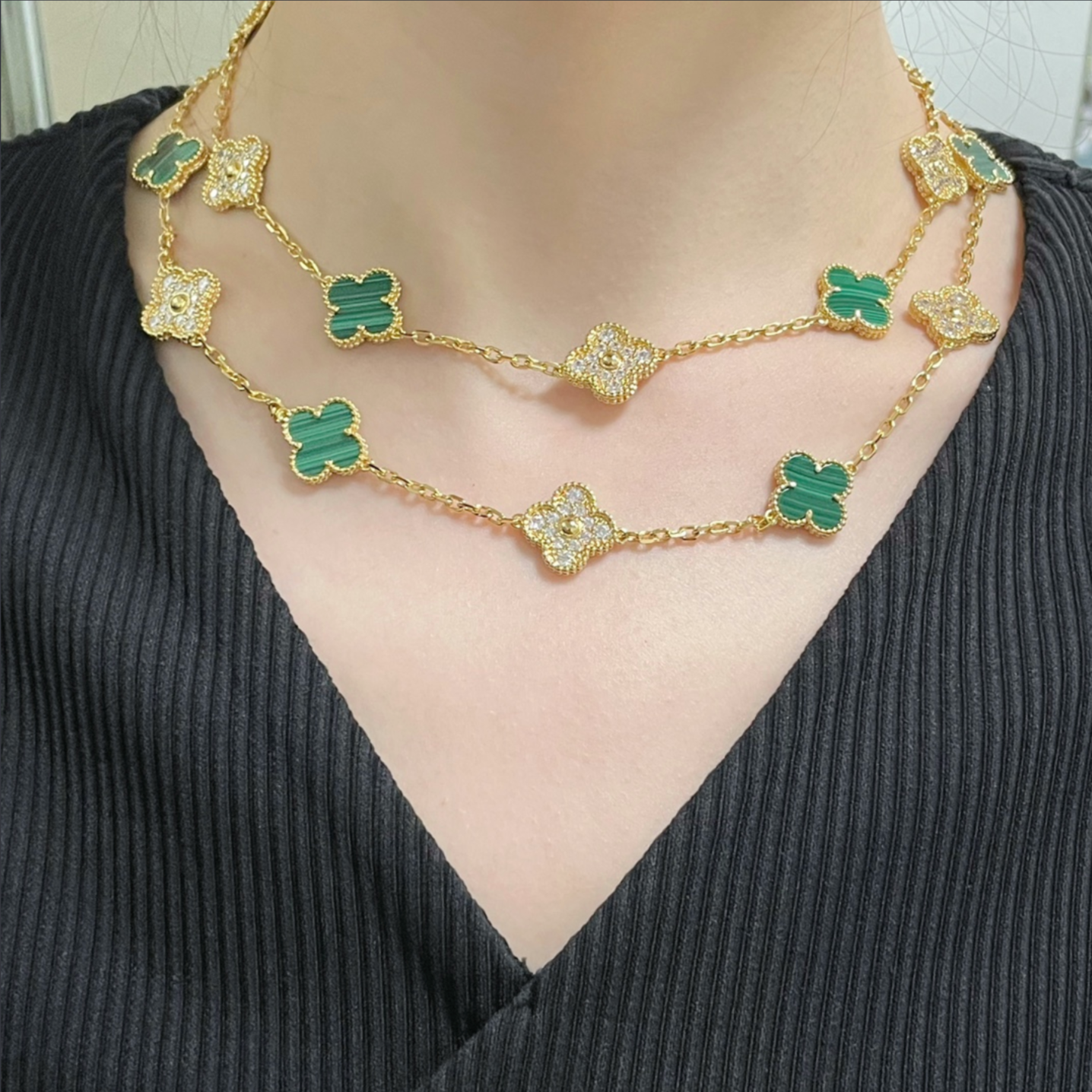 Long Clover Necklace – Malachite & Diamond Look