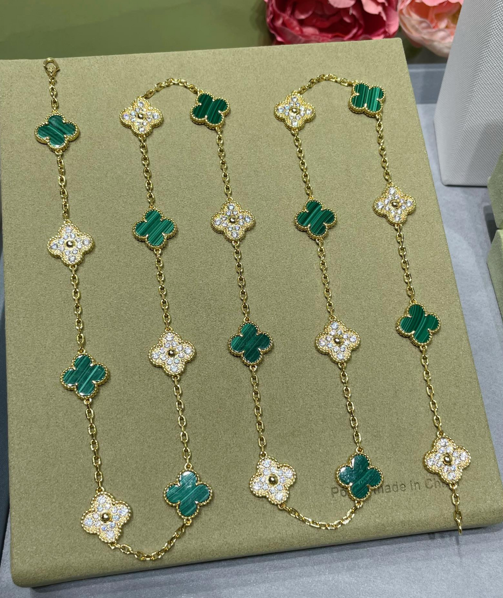 Long Clover Necklace – Malachite & Diamond Look