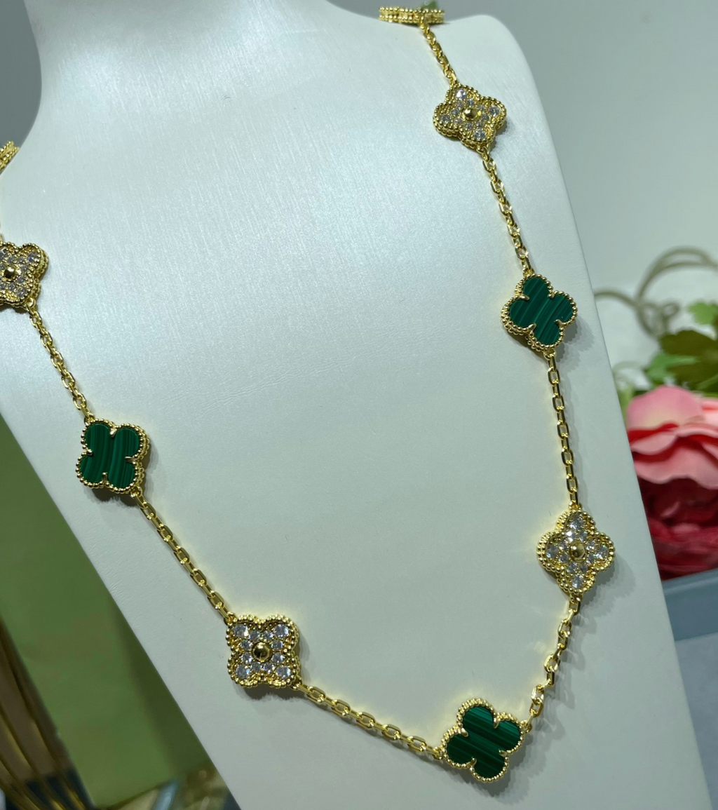 Long Clover Necklace – Malachite & Diamond Look