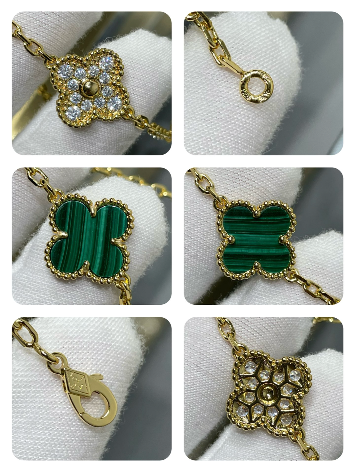 Long Clover Necklace – Malachite & Diamond Look