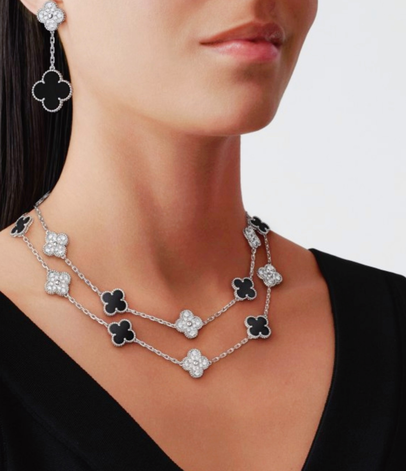 Long Clover Necklace – Black Onyx & Diamond Look