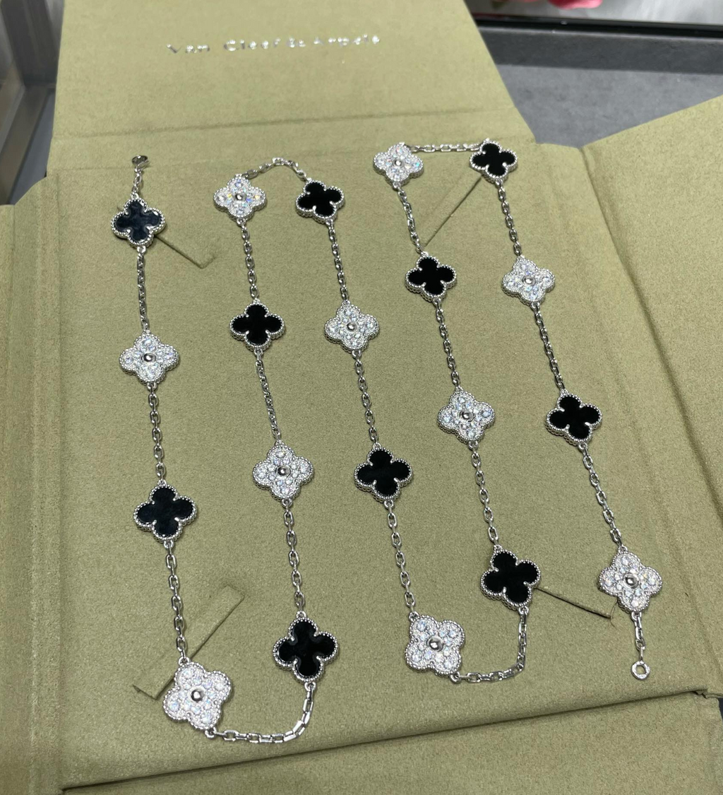 Long Clover Necklace – Black Onyx & Diamond Look