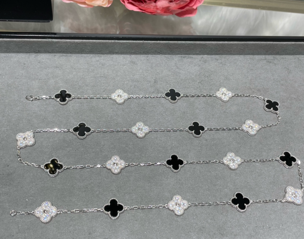 Long Clover Necklace – Black Onyx & Diamond Look