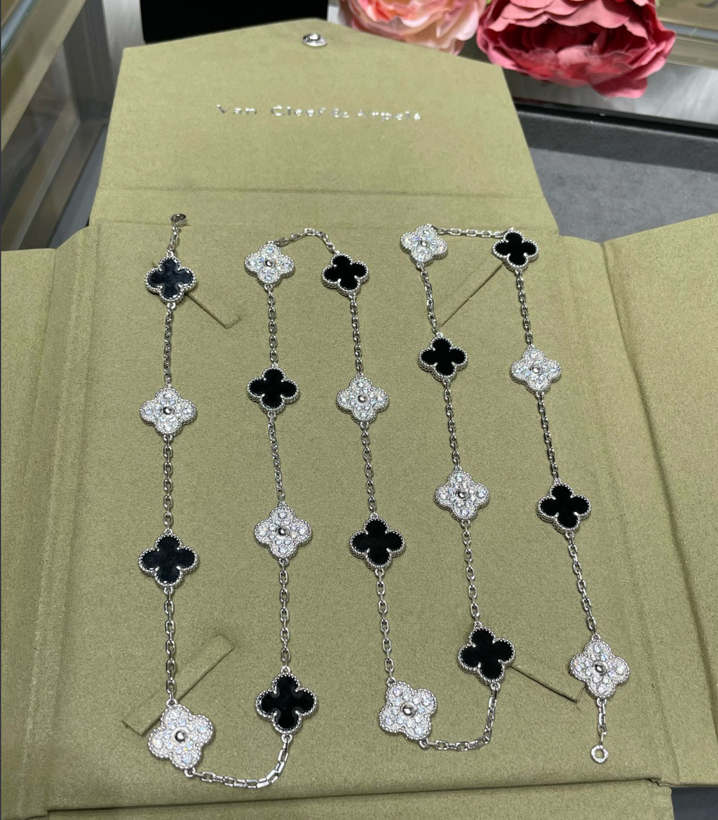 Long Clover Necklace – Black Onyx & Diamond Look