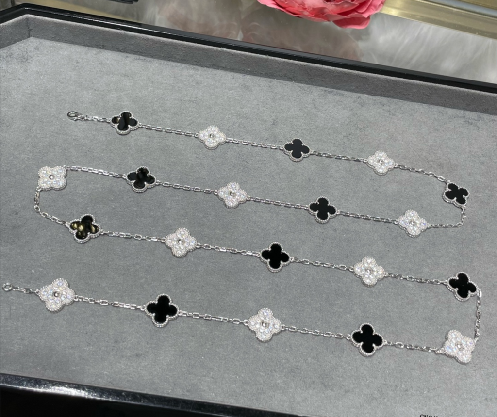 Long Clover Necklace – Black Onyx & Diamond Look