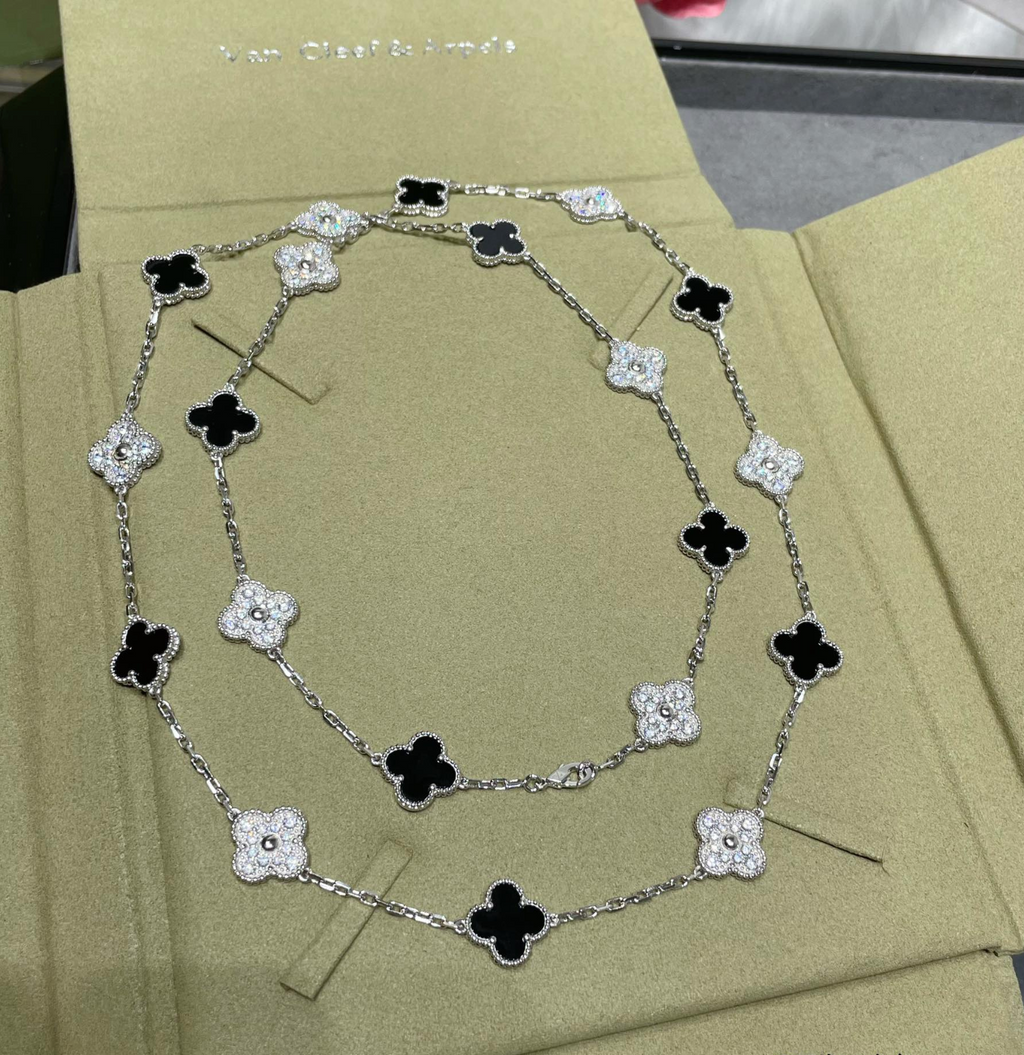 Long Clover Necklace – Black Onyx & Diamond Look