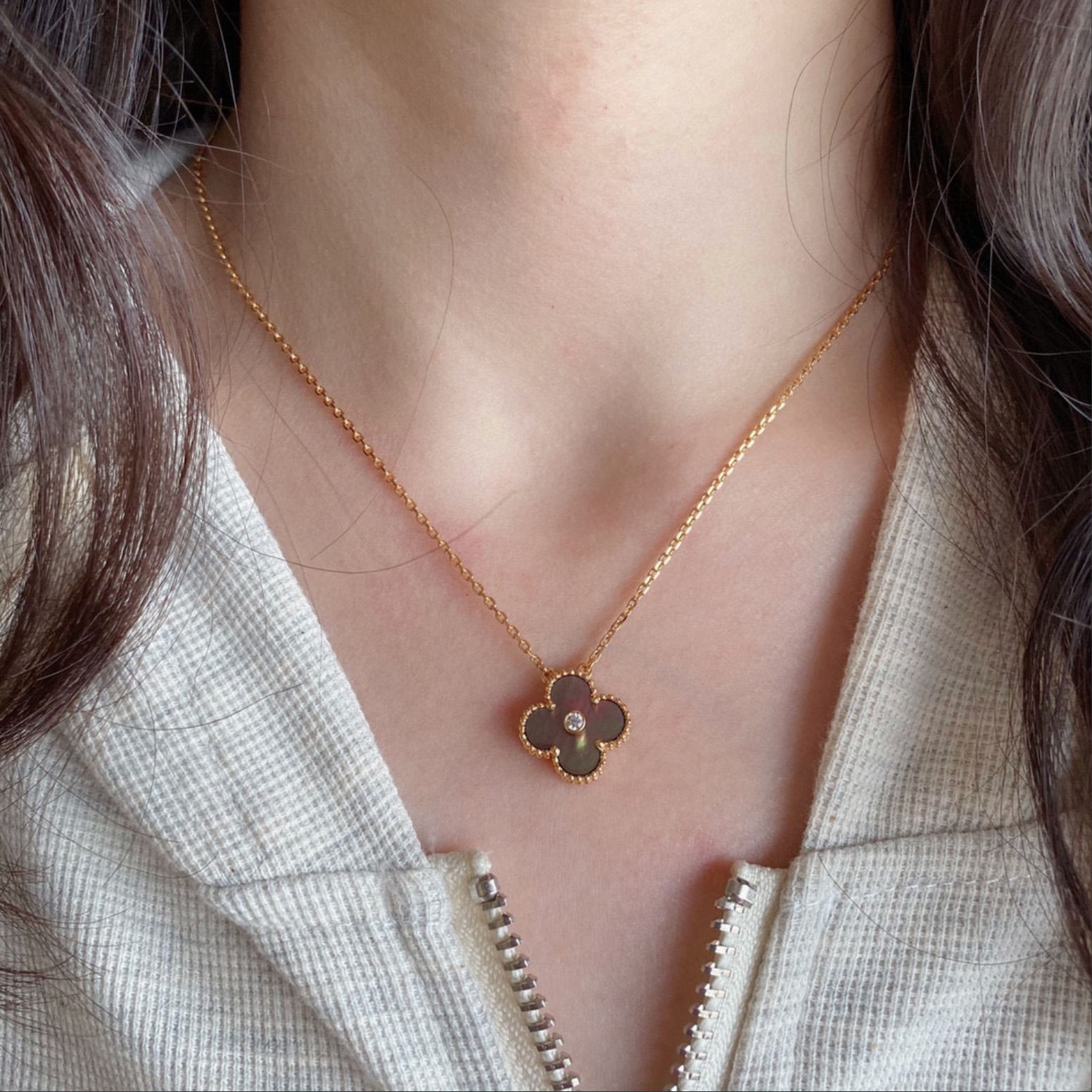 Alhambra Grey Mother of Pearl Clover Necklace with Center Stone