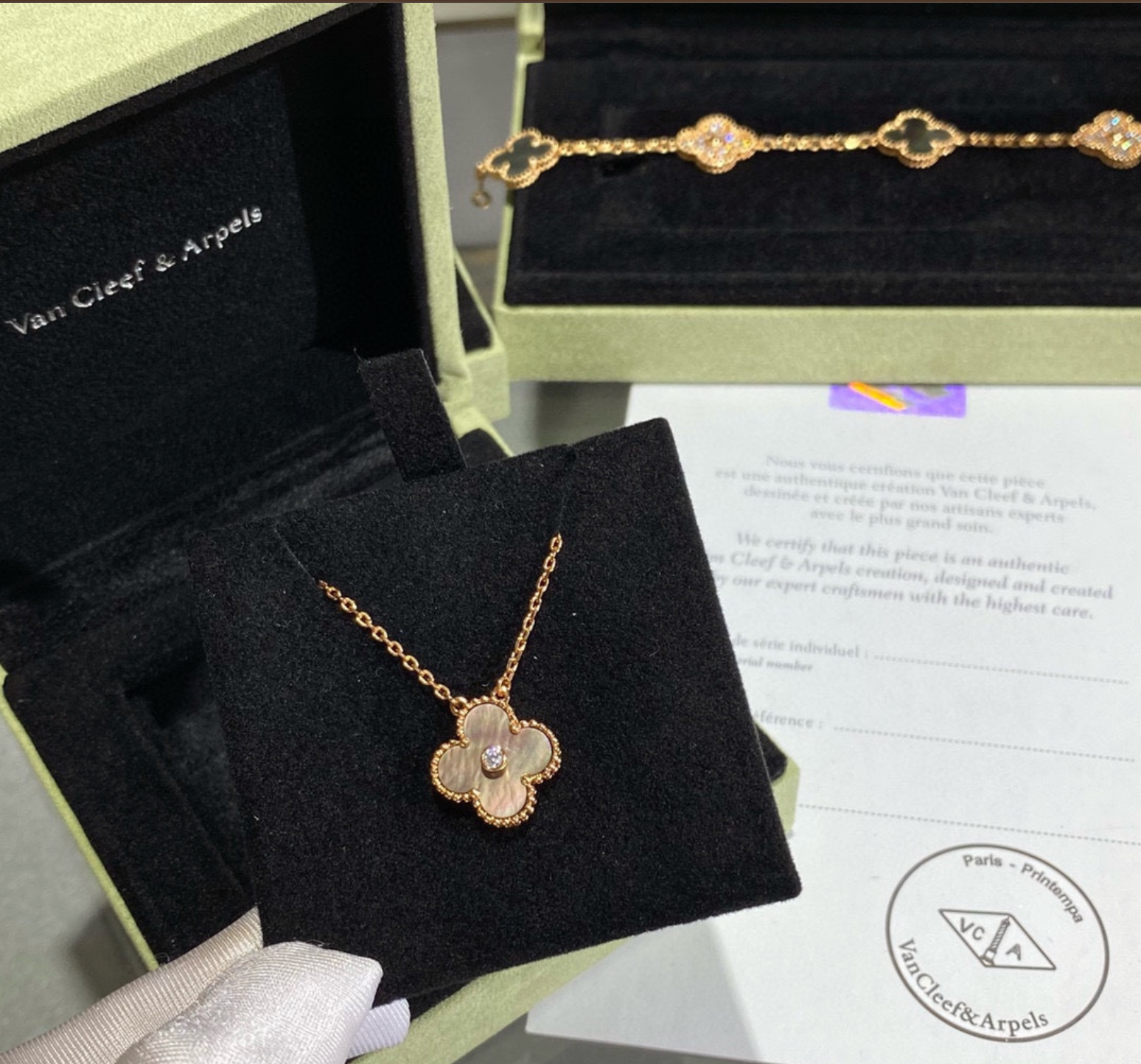 Alhambra Grey Mother of Pearl Clover Necklace with Center Stone