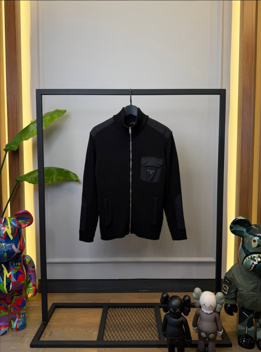 Black Wool-Cashmere Re-Nylon Detail Cardigan