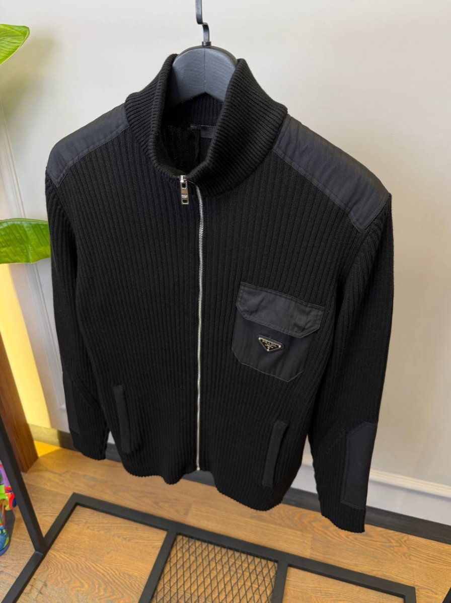 Black Wool-Cashmere Re-Nylon Detail Cardigan