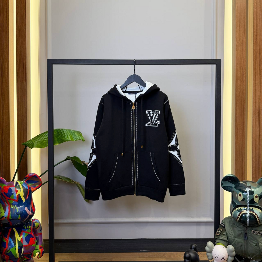 Graphic Intarsia Zipped Cotton Hoodie