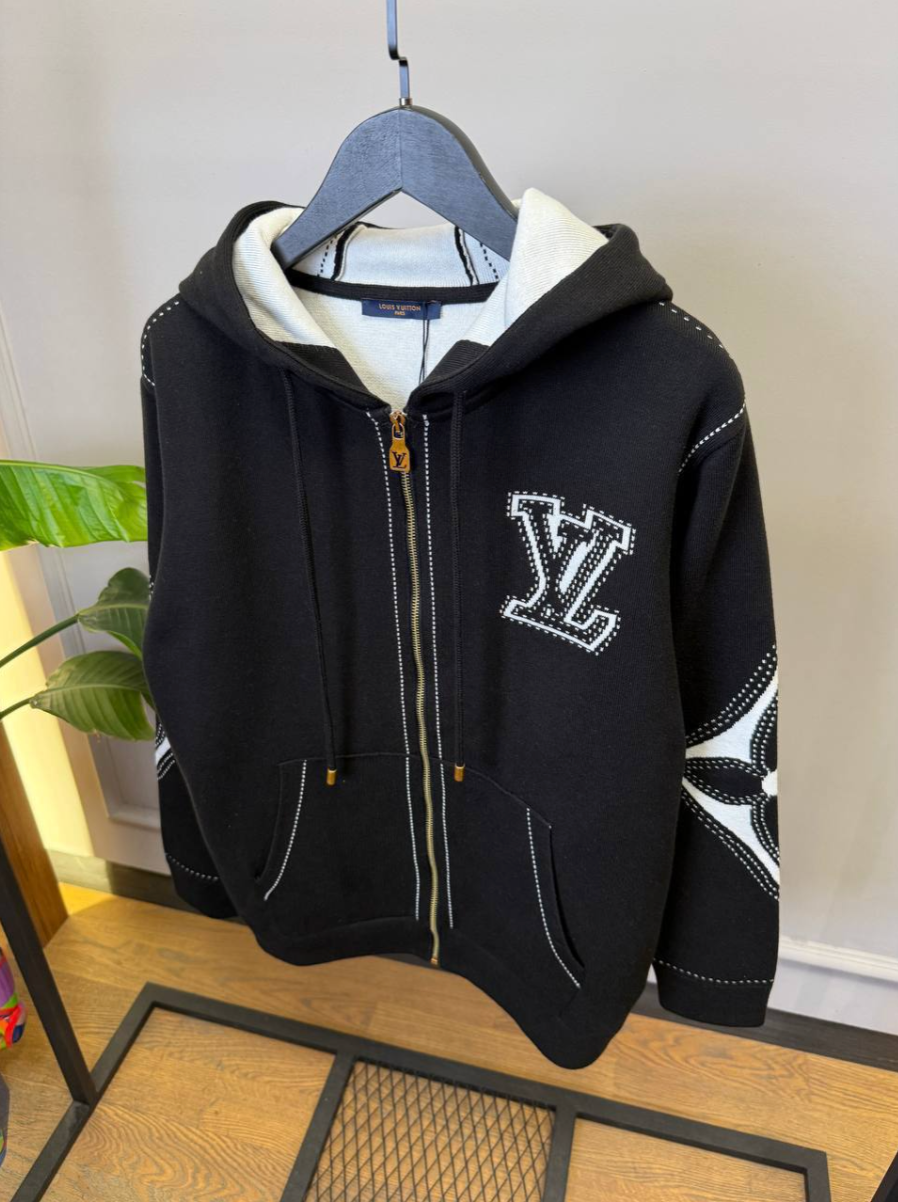 Graphic Intarsia Zipped Cotton Hoodie