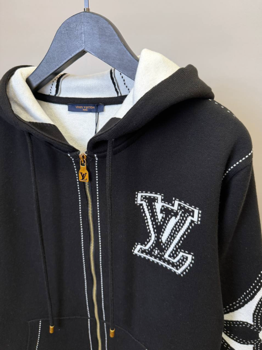 Graphic Intarsia Zipped Cotton Hoodie