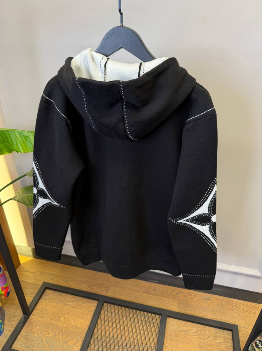 Graphic Intarsia Zipped Cotton Hoodie