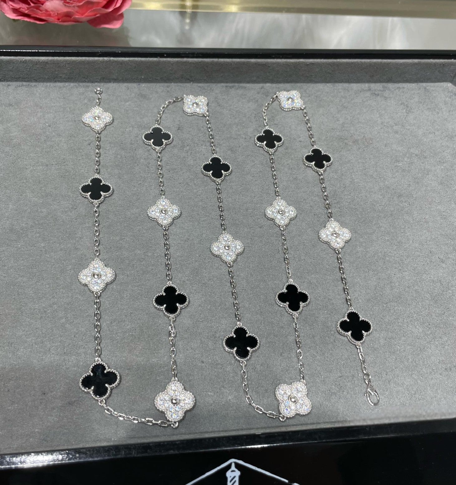 Long Clover Necklace – Black Onyx & Diamond Look