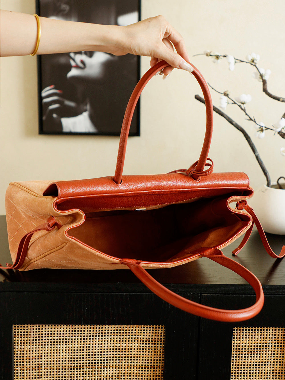 Suede & Leather Boston Top Handle Bag