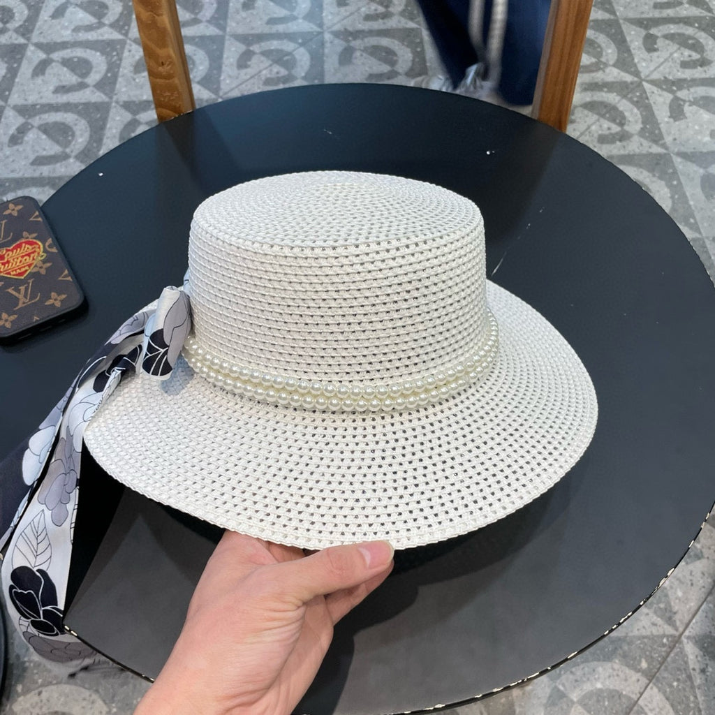 Woven Straw Hat with Pearl Band and Silk Bow Detail