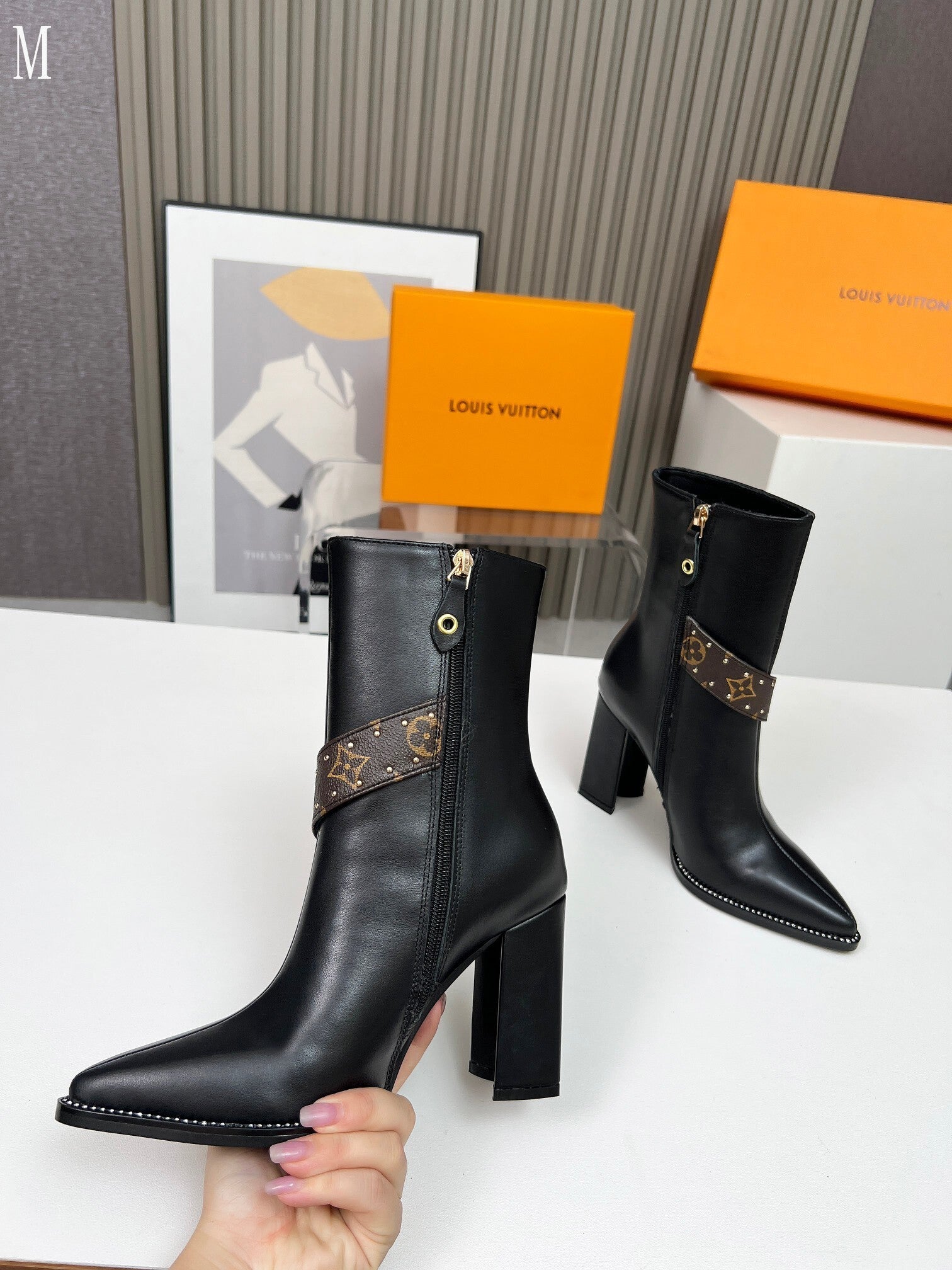 Monogram Chain Detail Knit & Leather Mid-Calf Boots