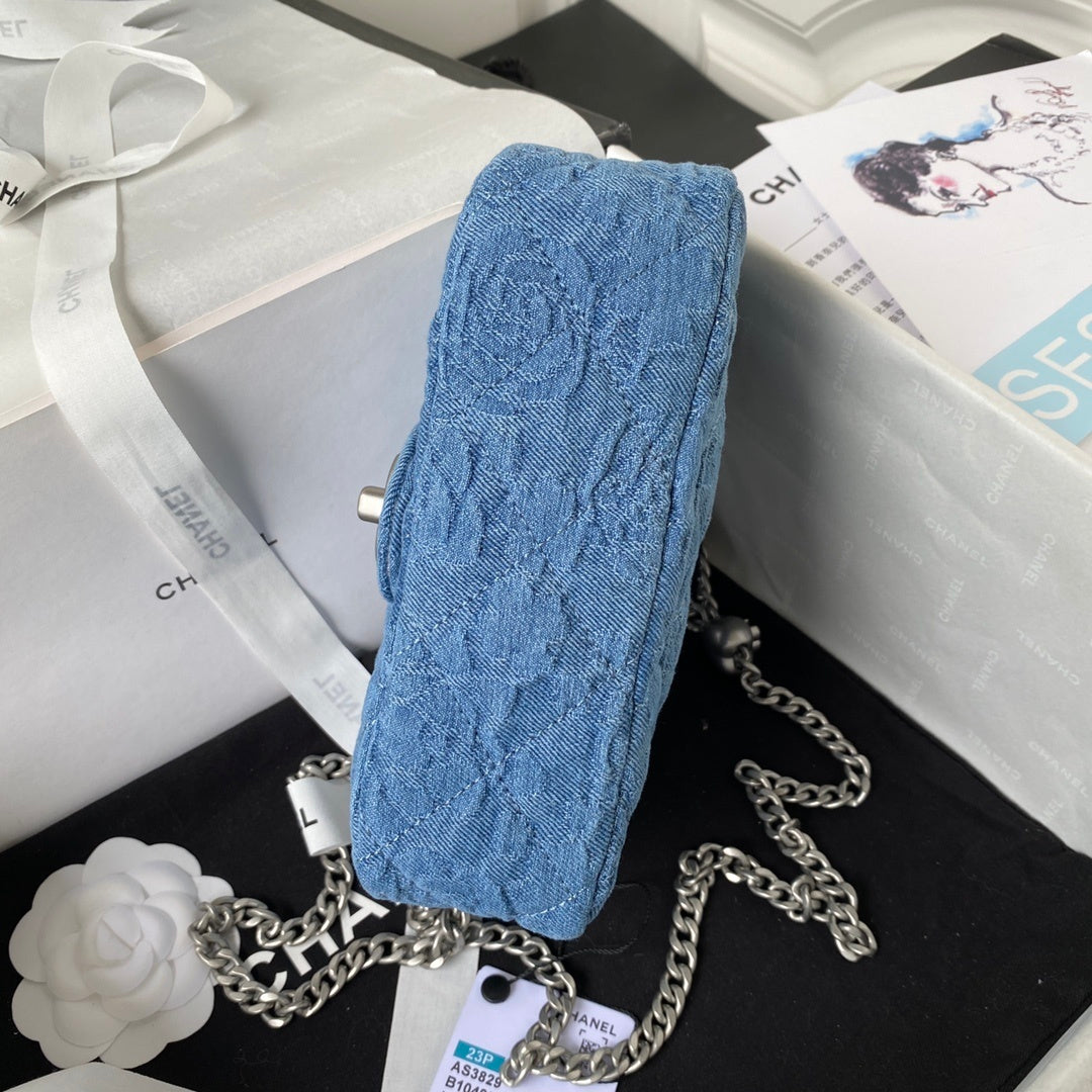 Mini Flap Bag in Quilted Denim with Silver-Tone Chain