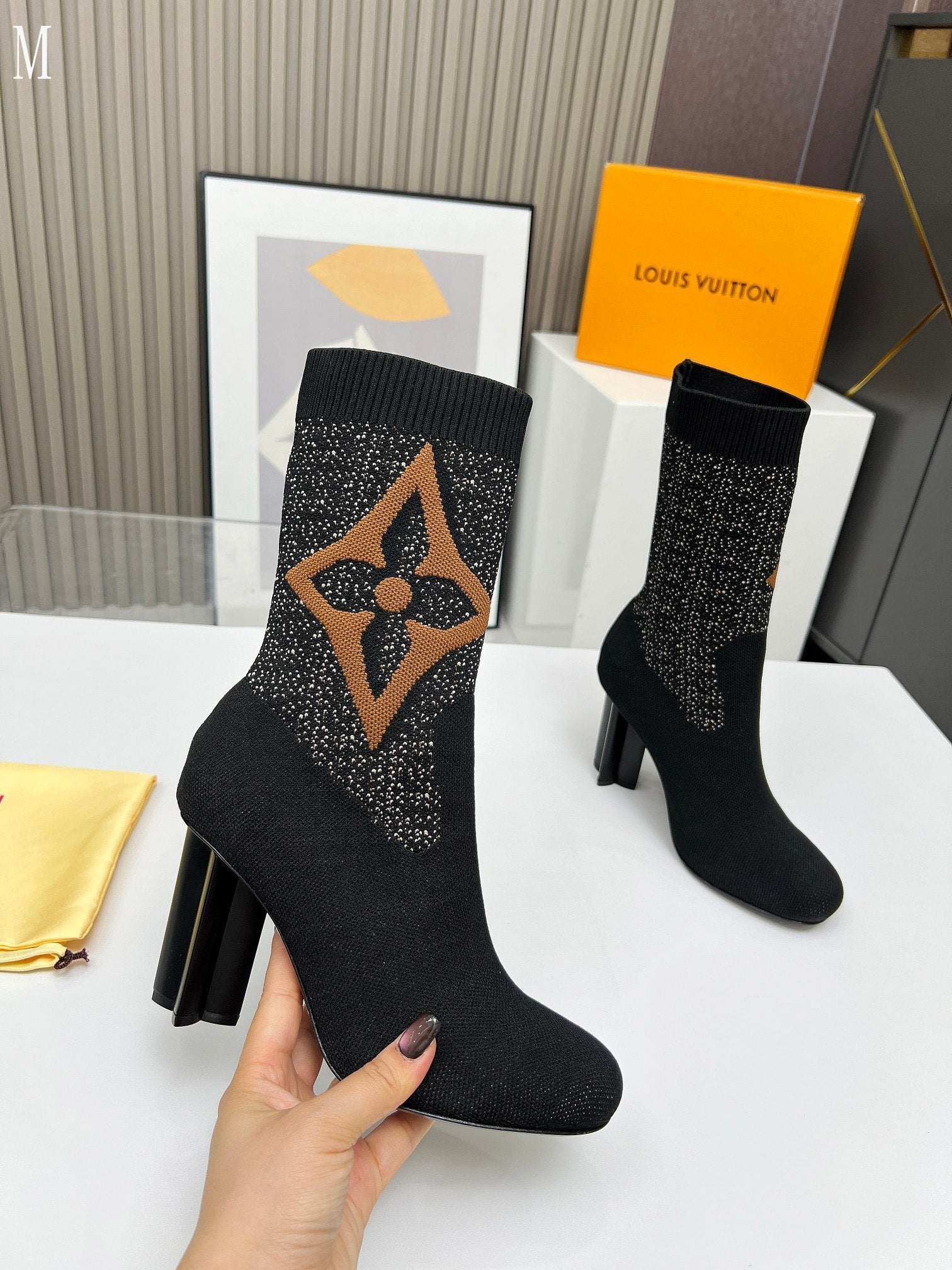 Monogram Knit Block Heel Boots