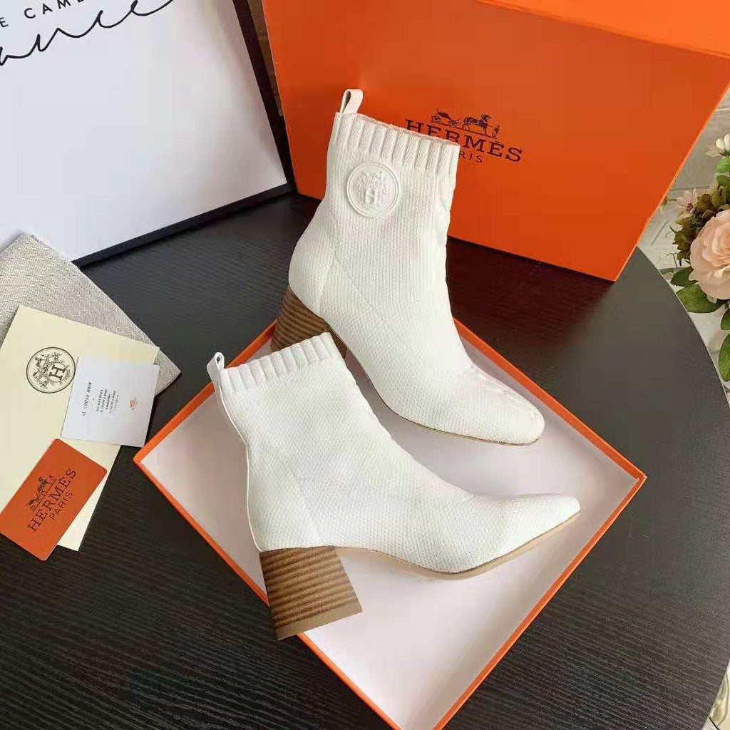White Knit Ankle Boots – Leather Sole | Block Heel