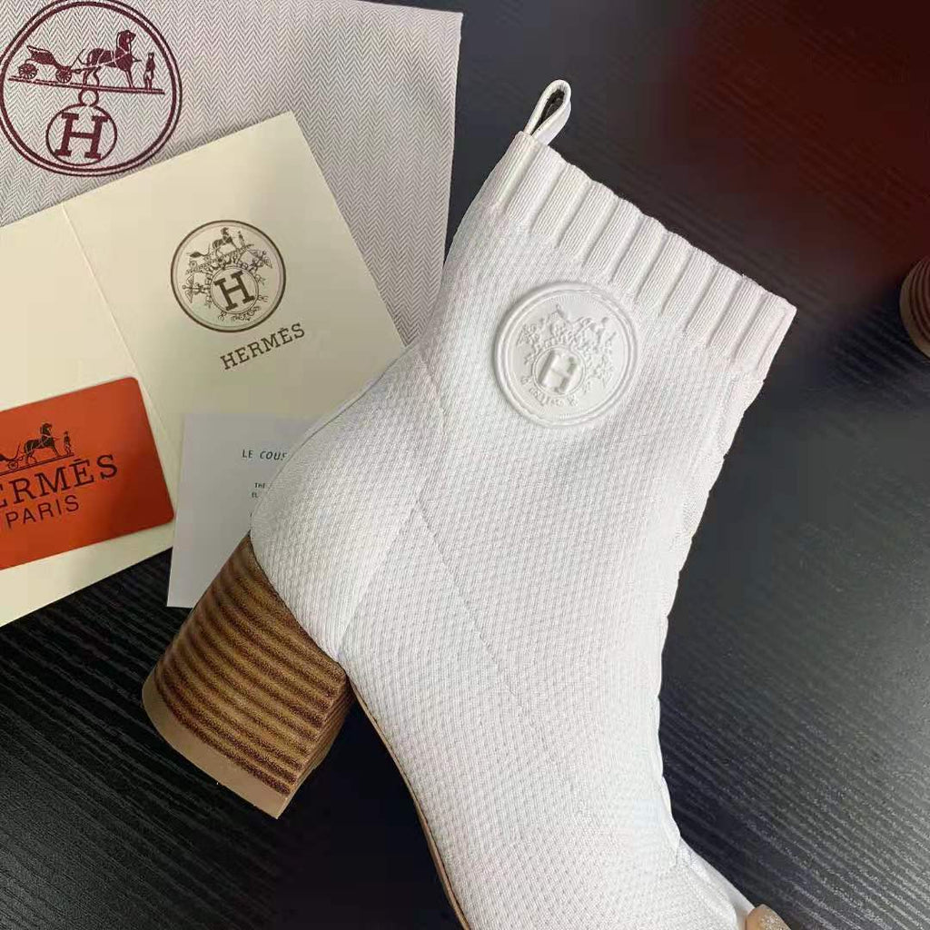 White Knit Ankle Boots – Leather Sole | Block Heel
