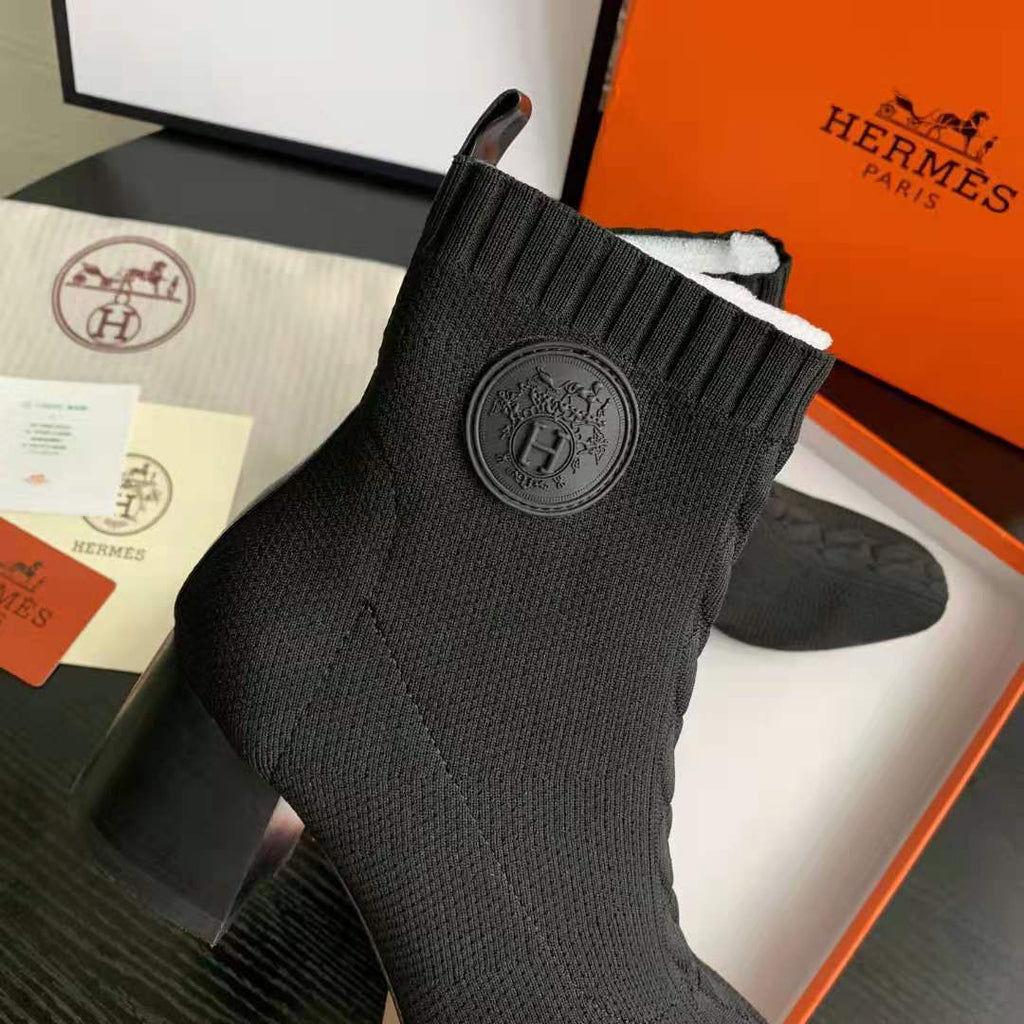 Black Knit Ankle Boots – Leather Sole | Block Heel