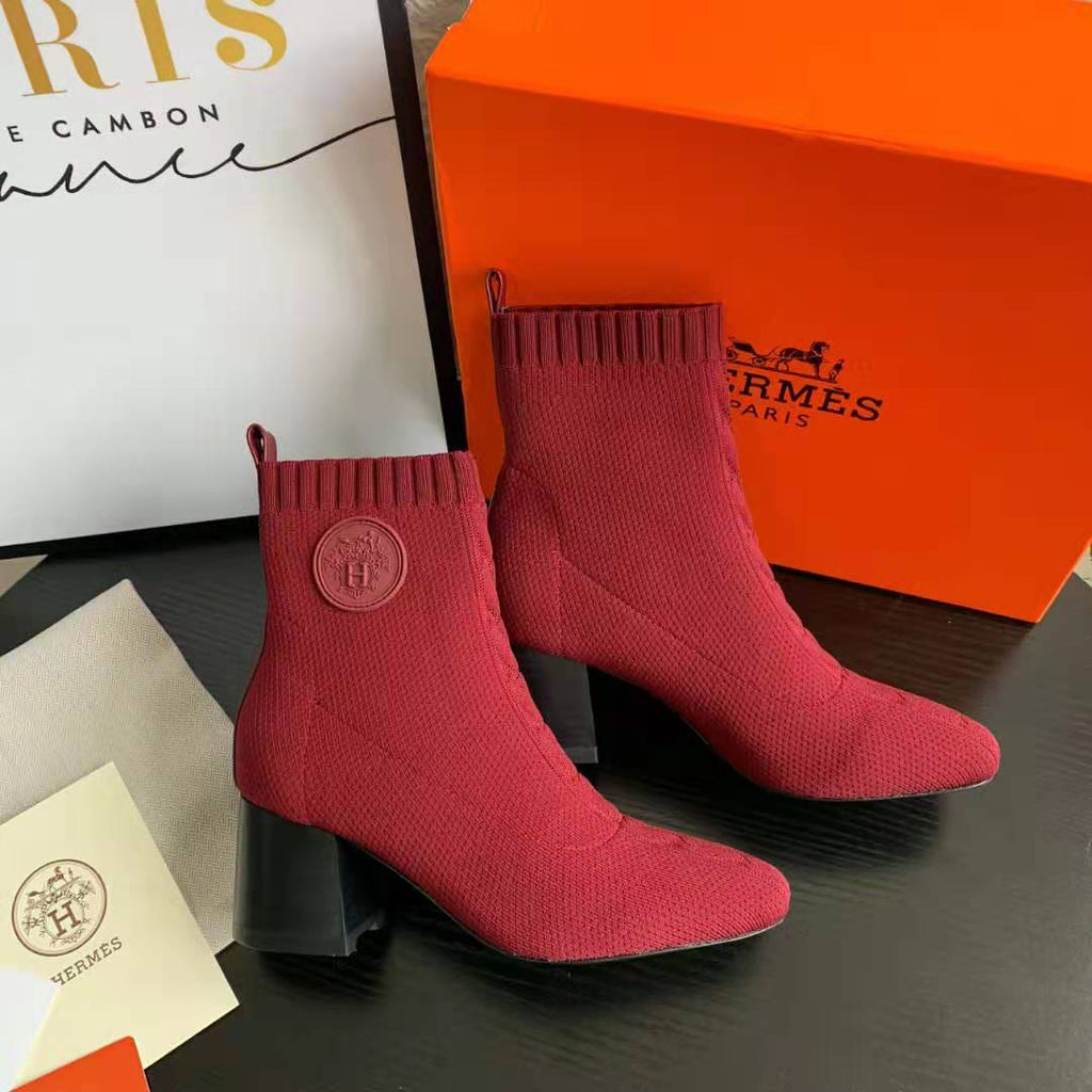 Red Knit Ankle Boots – Leather Sole | Block Heel