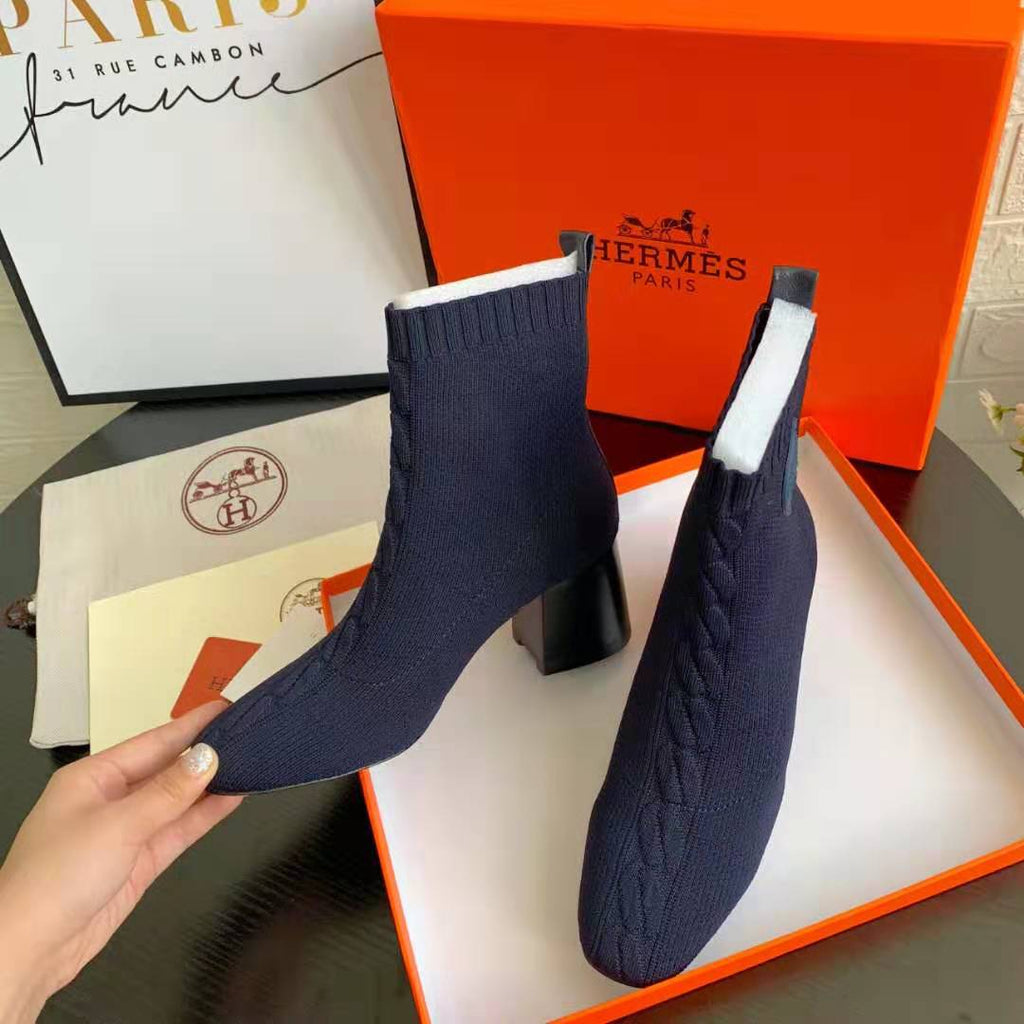 Navy Knit Ankle Boots – Leather Sole | Block Heel