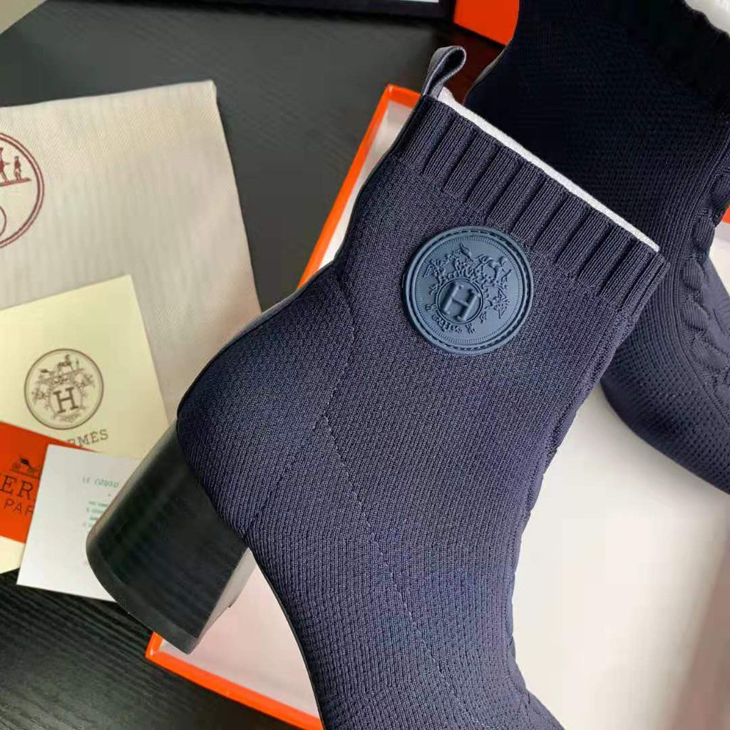 Navy Knit Ankle Boots – Leather Sole | Block Heel