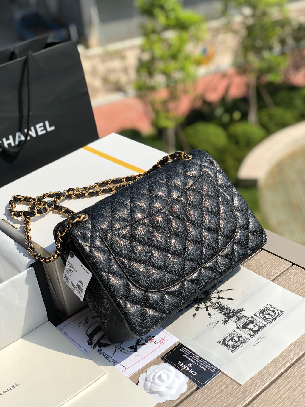 3.55 Large Caviar Leather Classic Double Flap Bag - Gold hardware