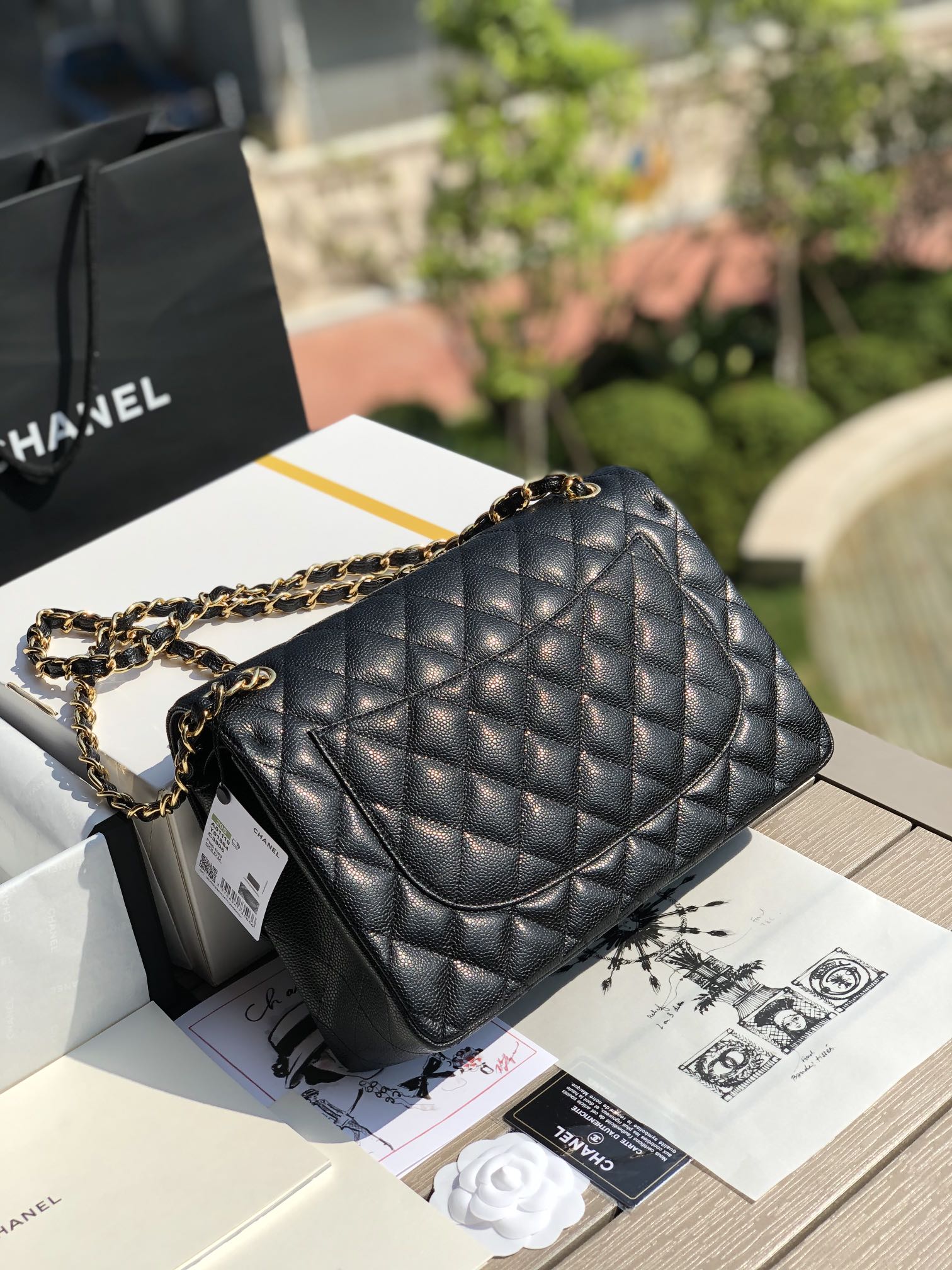 3.55 Large Caviar Leather Classic Double Flap Bag - Gold hardware