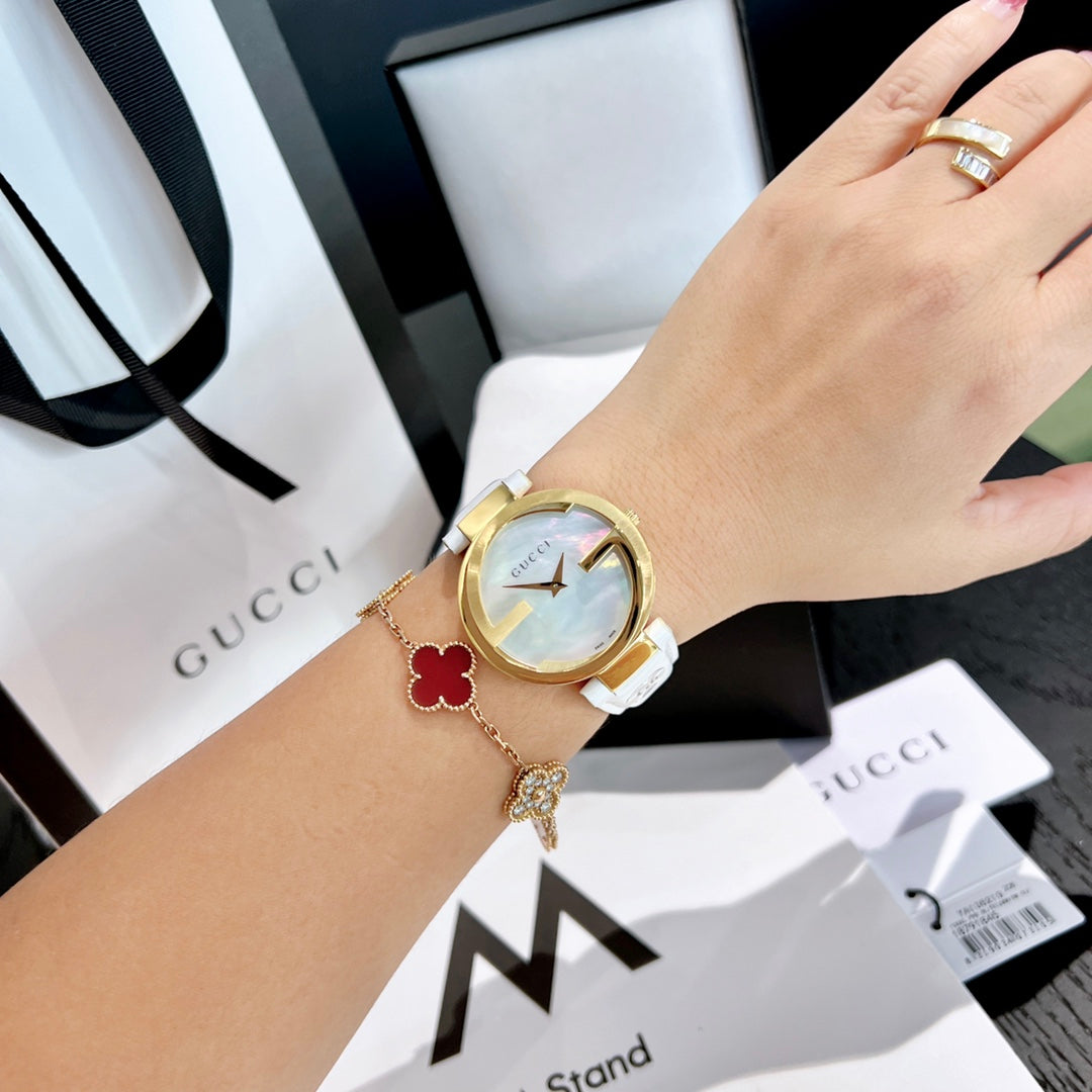 Women's 37mm Watch – White Leather Strap & Gold-Tone Bezel