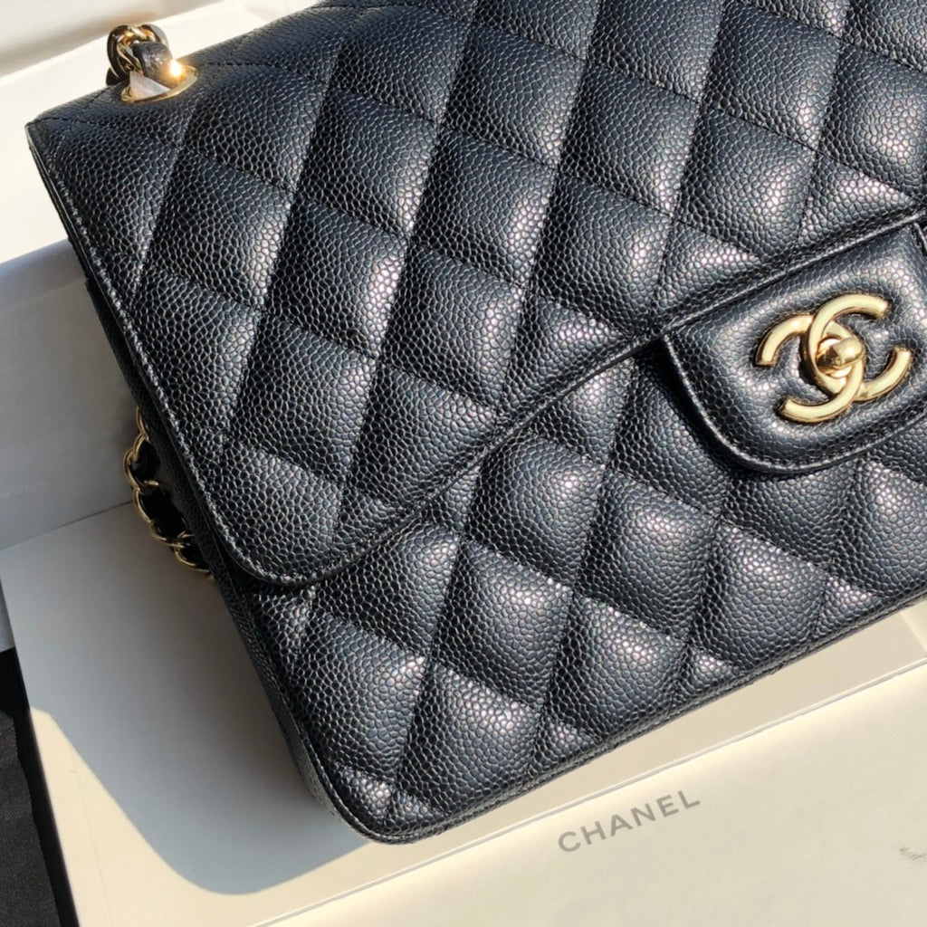 3.55 Large Caviar Leather Classic Double Flap Bag - Gold hardware