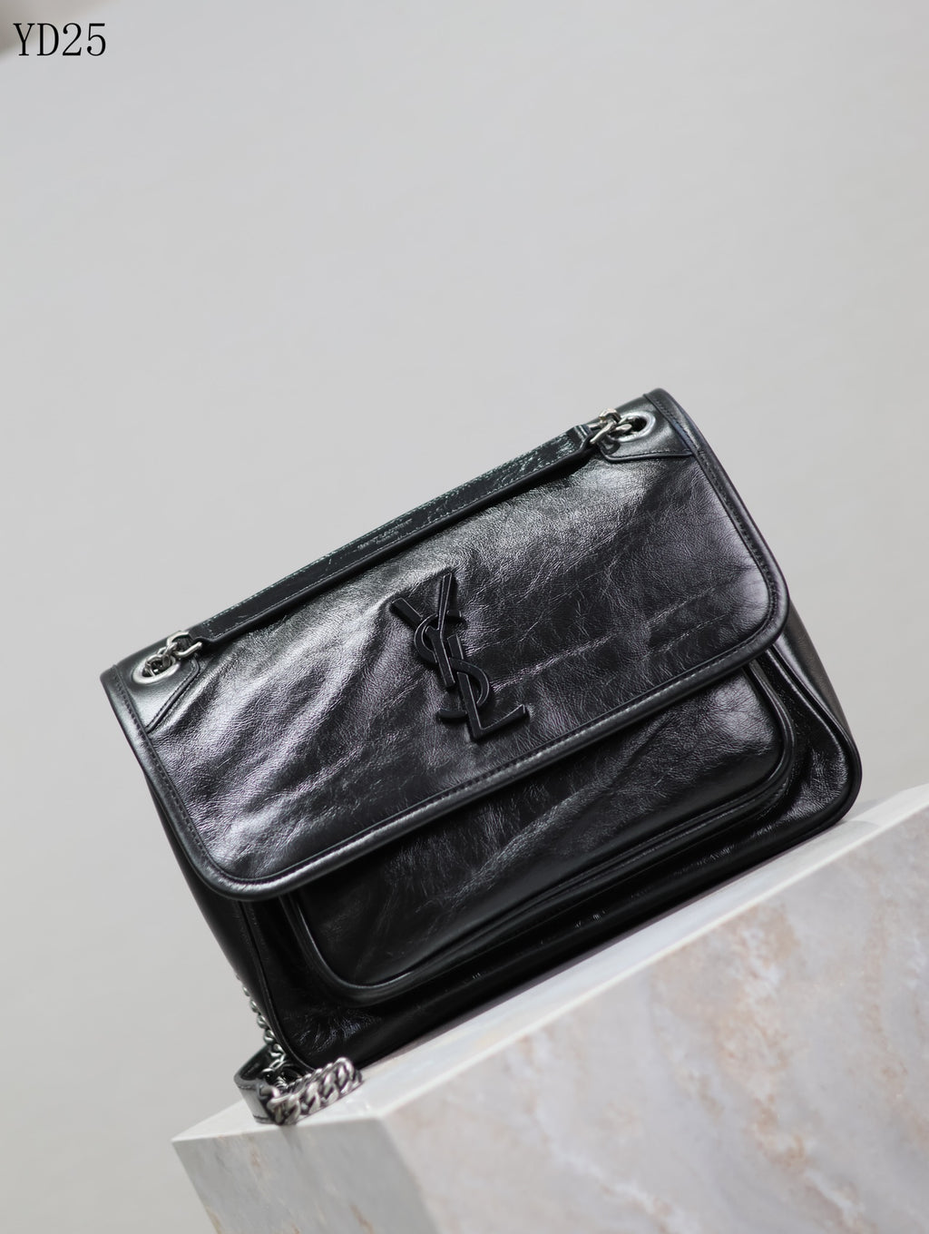 Niki Shoulder Bag - Black Crinkle Leather with Gunmetal Chain