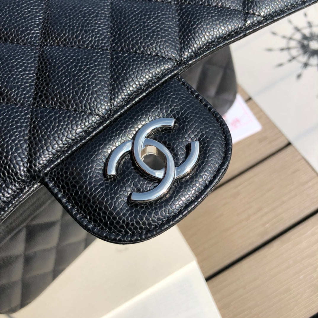 3.55 Large Caviar Leather Classic Double Flap Bag - Silver hardware