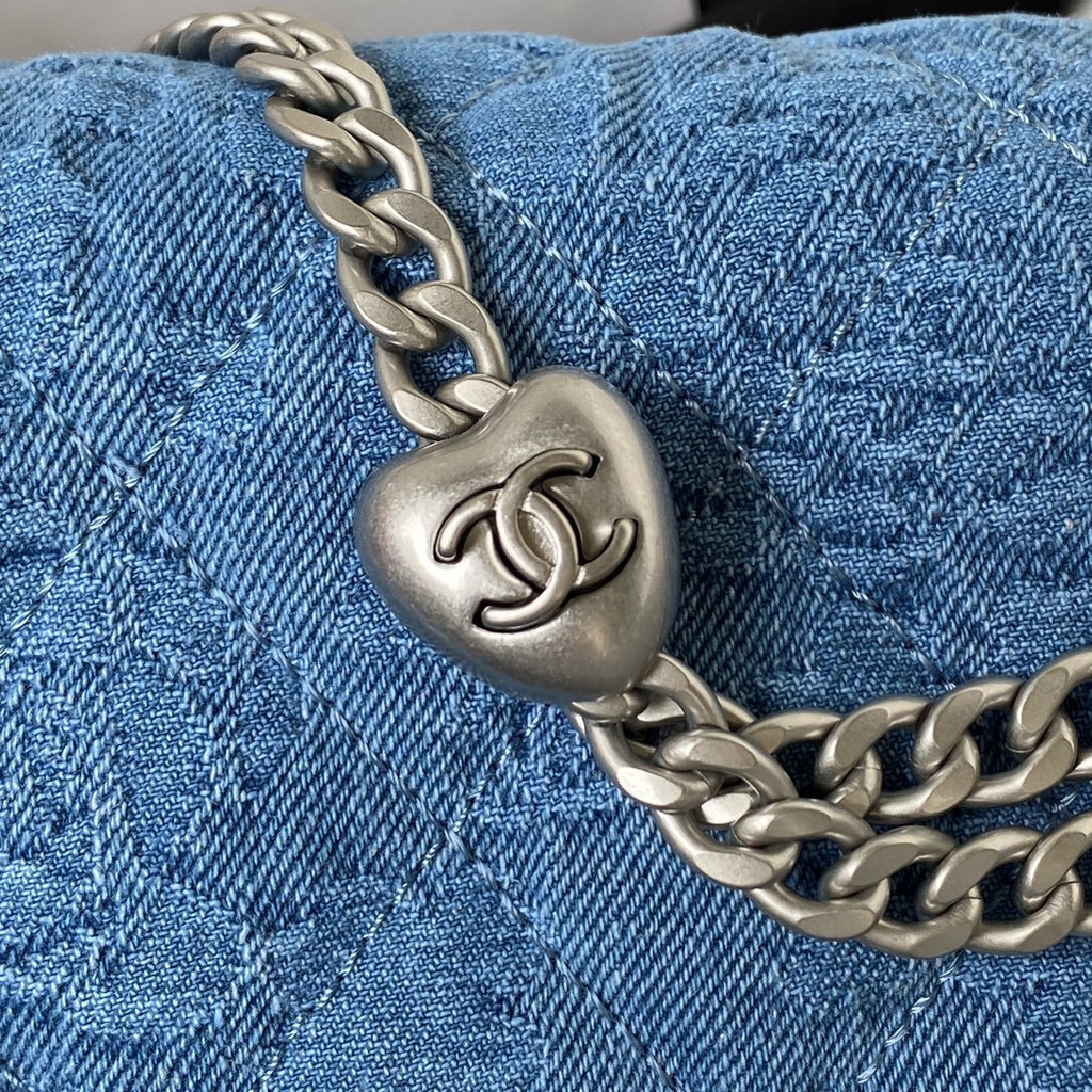 Mini Flap Bag in Quilted Denim with Silver-Tone Chain